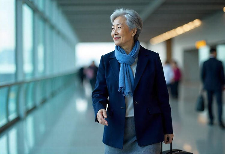 공항 터미널을 걷고 있는 노년 여성의 사진